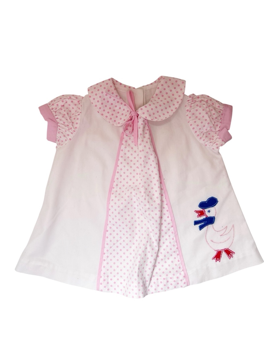 Vintage Handcrafted Pink and White Polka Dot Goose Appliqué Kids Casual Dress